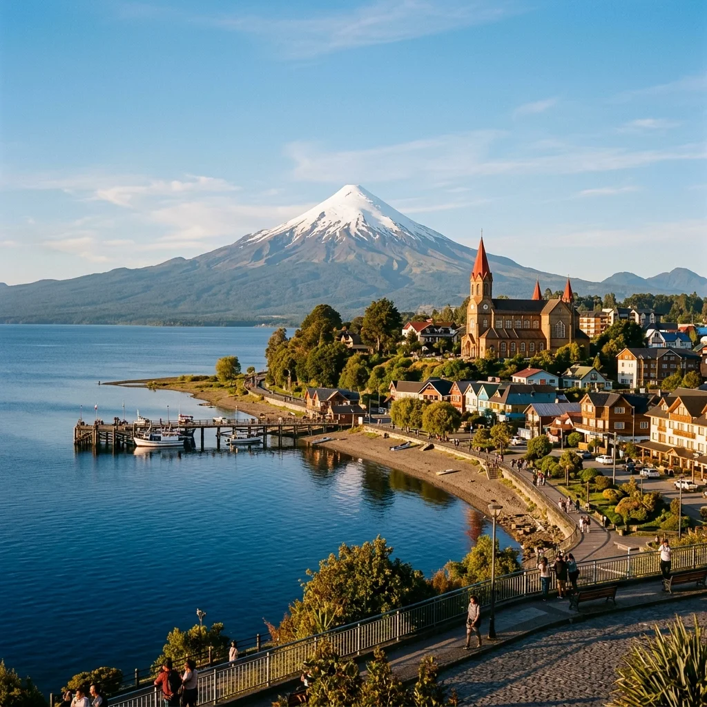 Monumento de la iglesia frente al lago Llanquihue y volcán Osorno en Puerto Varas